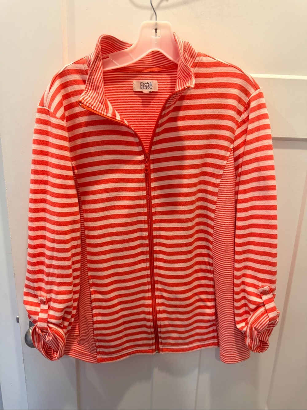 Croft & Barrow Coral White Stripe Full Zip Jacket Roll Tab Sleeve Lightweight xl